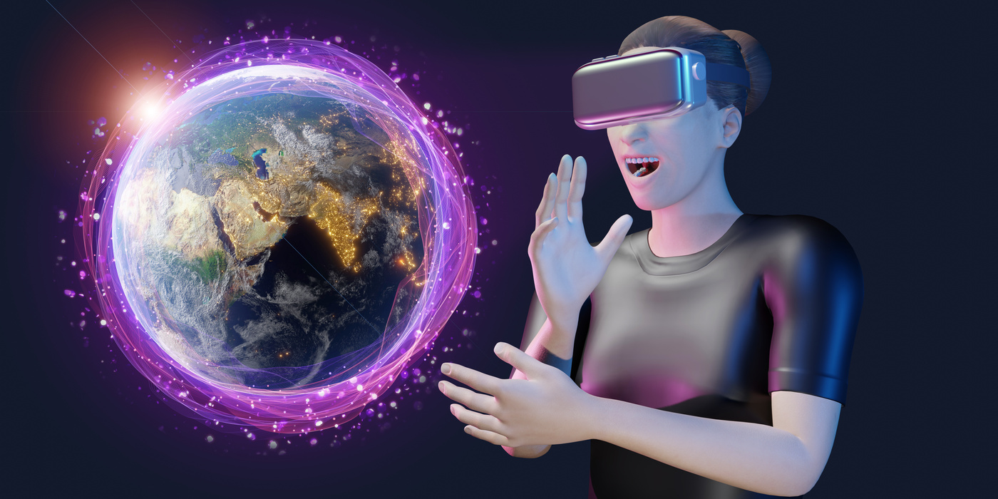 hologram globe woman wearing vr glasses virtual reality navi