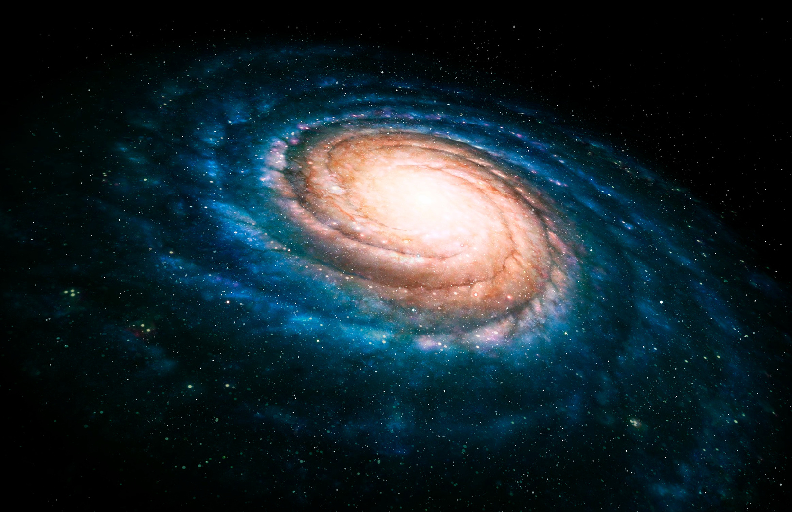"Spiral galaxy. Artwork of a spiral galaxy seen at an oblique angle. The spiral arms (blue) contain hot